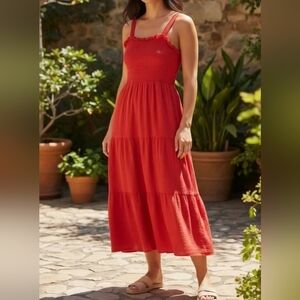 C&C California SZ M Orange Cotton Smocked Midi Dress Full Sleeveless Vacation